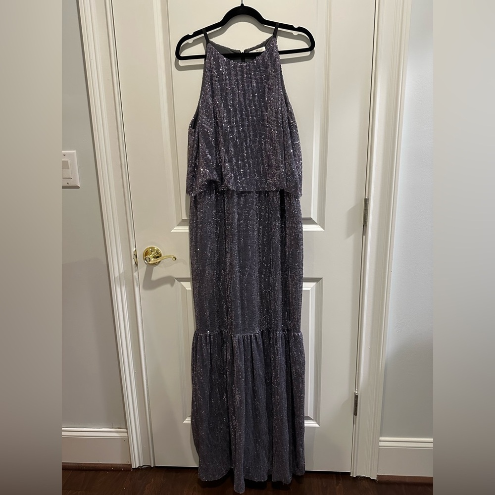 Halston Heritage Sequined Gunmetal Gray Sleeveless Gown Sz 14
